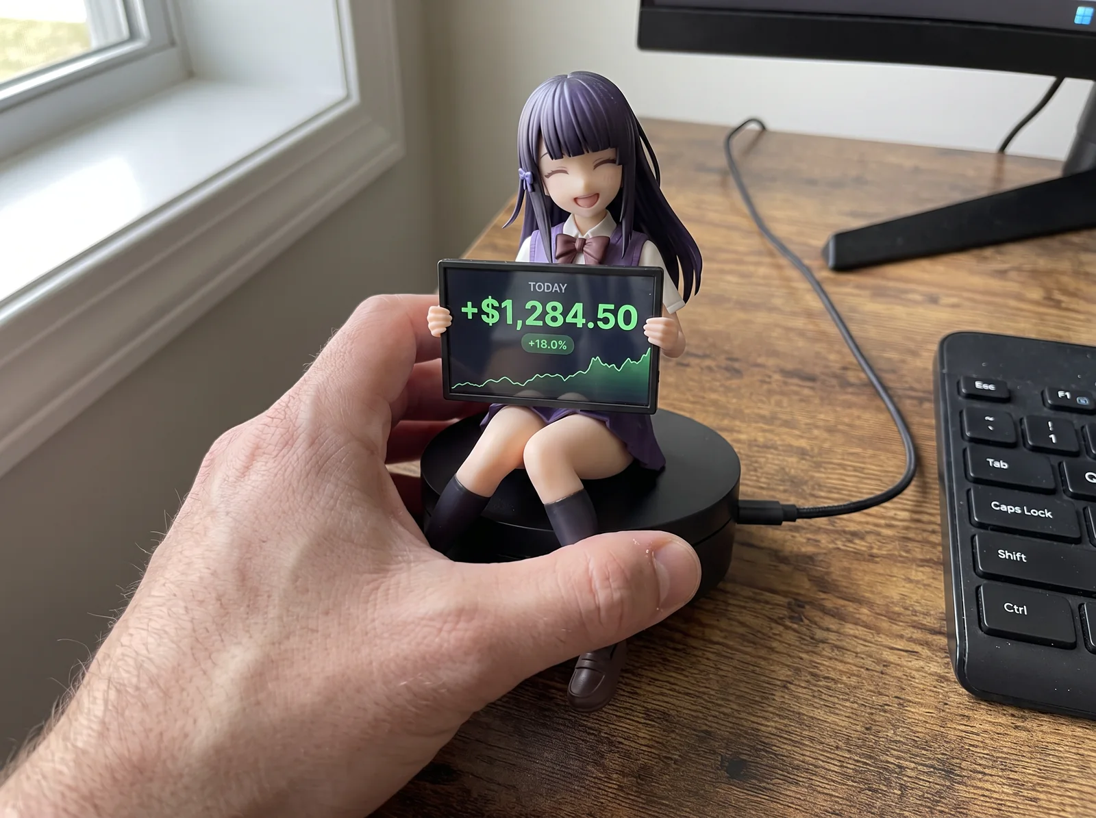 A hand setting the figure down on a desk, next to a keyboard