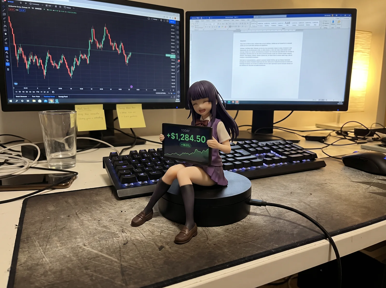 Deskpet on a real desk at night, in front of two monitors with a chart open